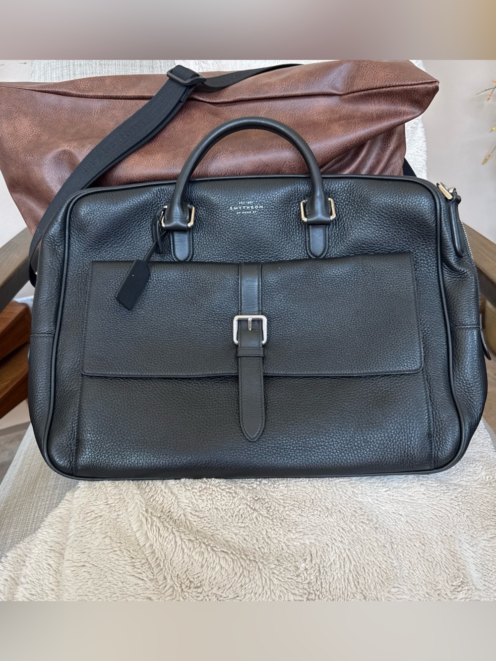 Smythson of Bond Street Burlington Black Pebble Leather Bag Montblanc Strap